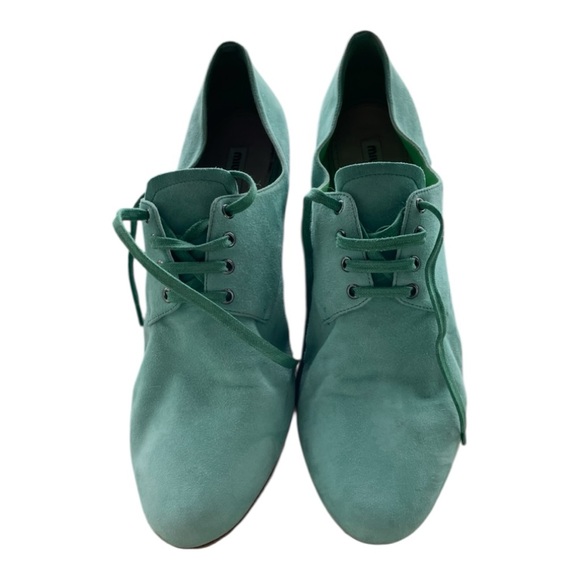 Miu Miu Suede Leather Lace Up Oxford Heels Ankle Booties Mint Green Shoes - Picture 1 of 10